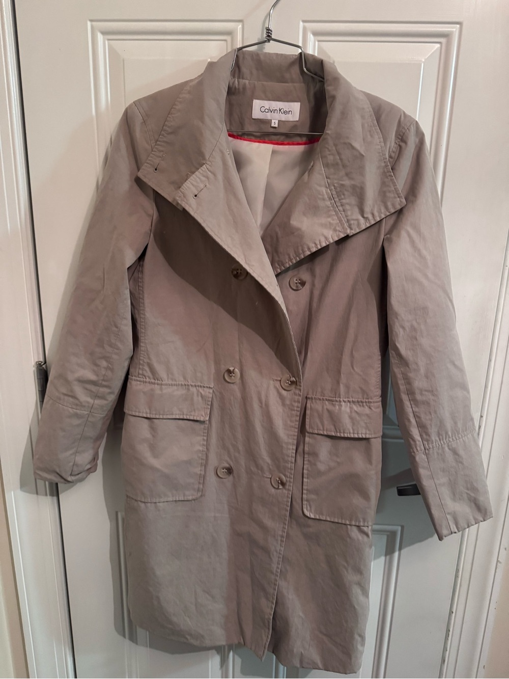 Calvin Klein Taupe-Light Gray Double-Breasted Trench Coat